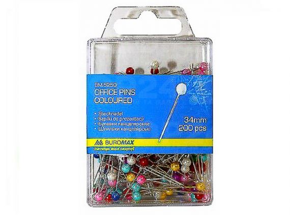 Шпильки канцелярські 200шт кольорові, пластиковий бокс Buromax Шпильки канцелярські 200шт кольорові, пластиковий бокс Buromax