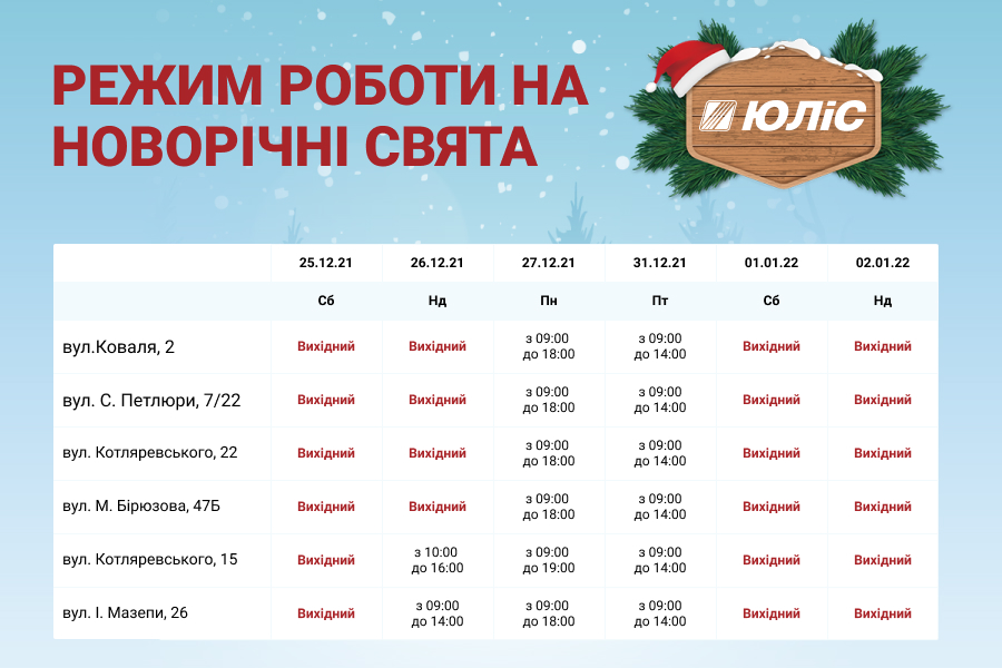 Режим работы магазинов "ЮЛиС" 2021-2022